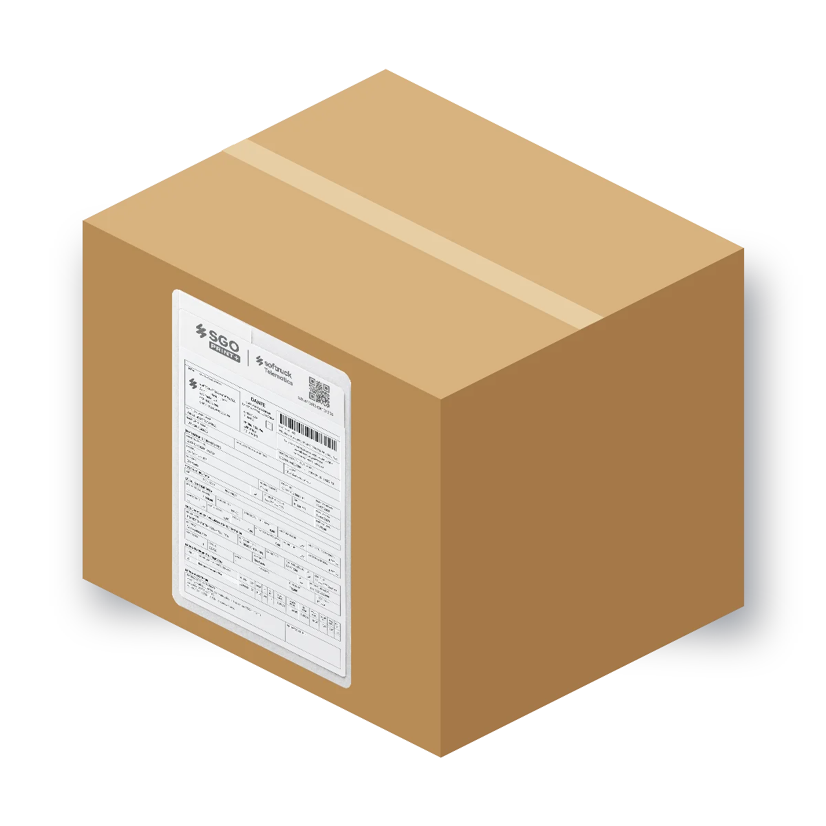 Mockup: etiqueta SGo Print+ aplicada en una caja de gran tamaño