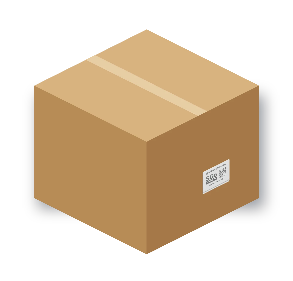 Mockup: adhesivo SGo Print aplicado en una caja de envío
