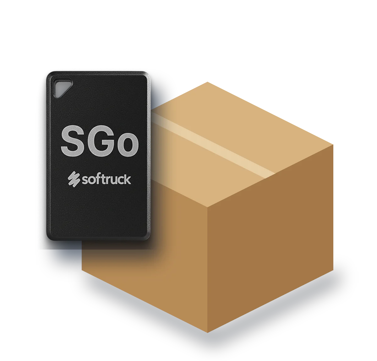 Mockup: tag SGo junto a una caja de envío